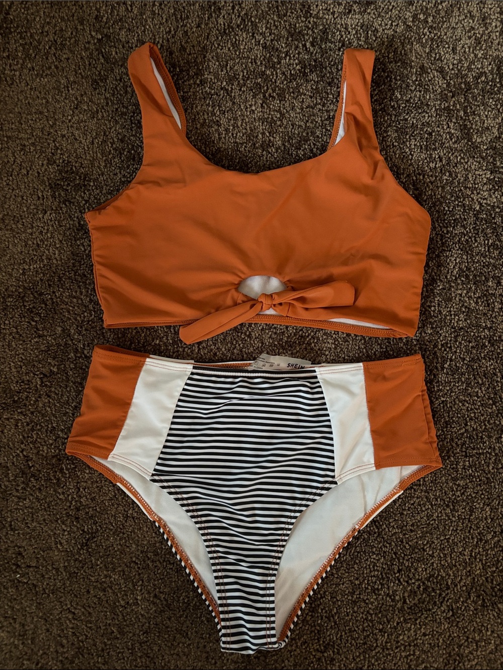 SHEIN Orange & Black Striped High-Waist Tie Front Bikini Set